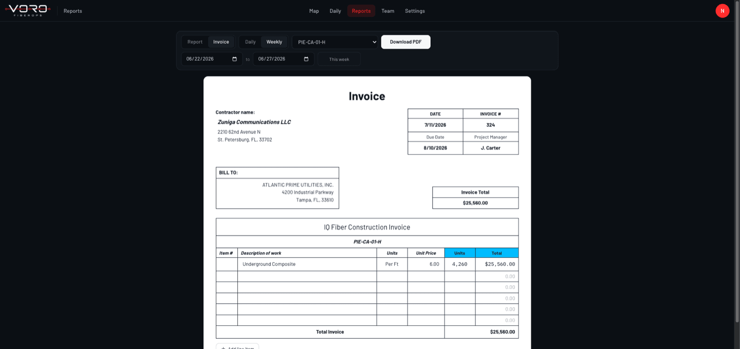 VORO invoice generated during the demonstration