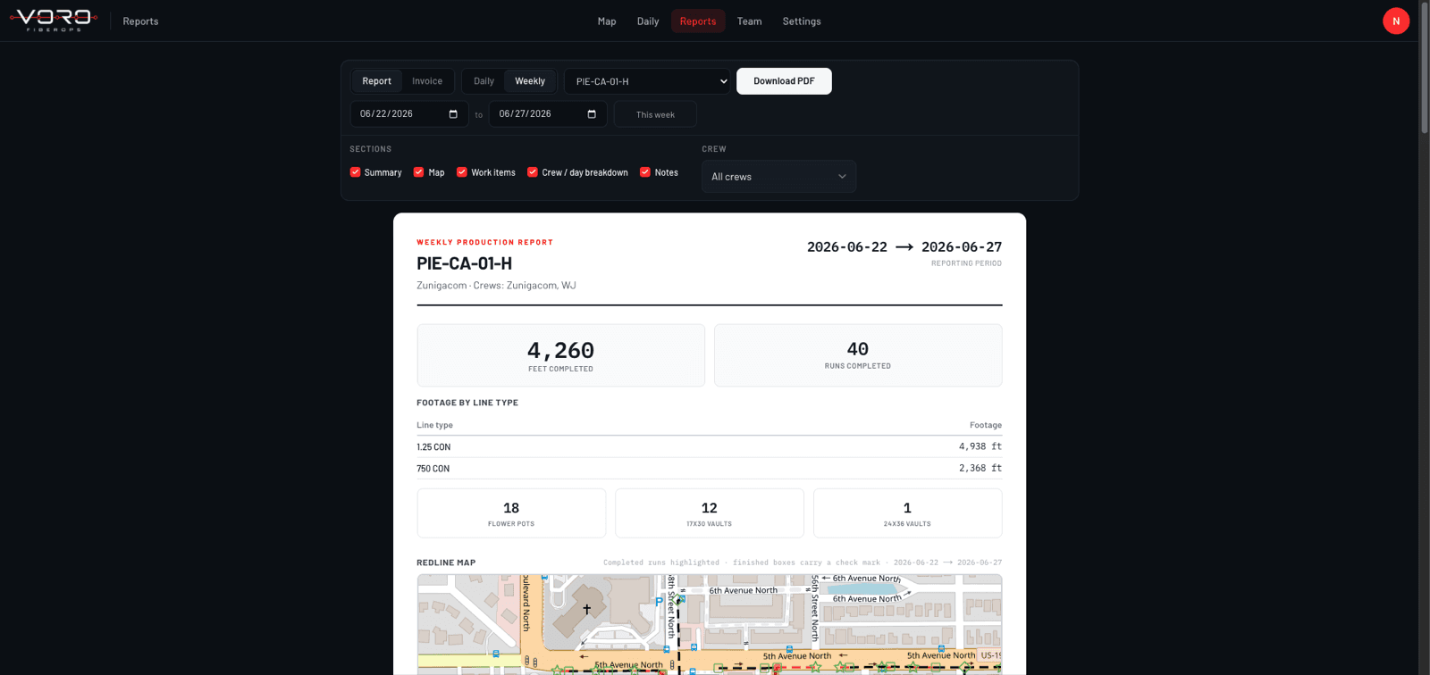 VORO report preview with verified footage, line types, structures, and a redline map